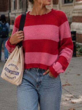 Minnie Rose 100% Cashmere Distressed Rugby Pullover Crewneck Sweater Size Small